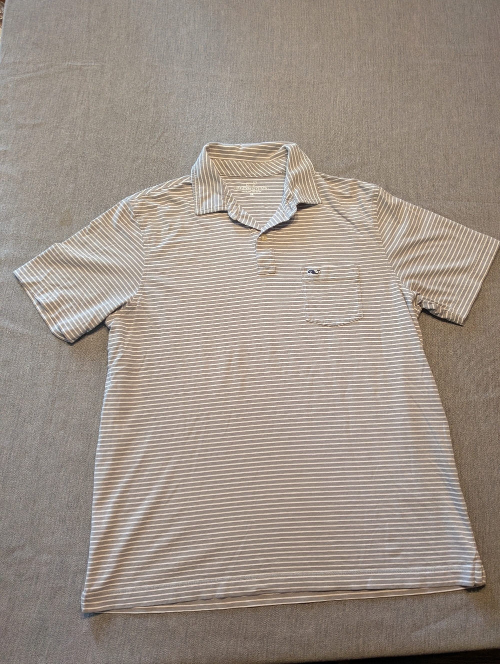 Vineyard Vines Edgartown Polo Shirt Men Medium White Gray Striped Pocket Whale